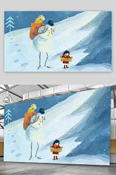 精品手绘雪山上的女孩和雪人插画设计