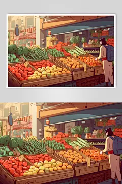 AI数字艺术菜市场生鲜蔬菜市场线条插画