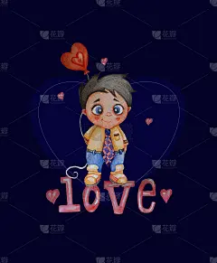 儿童插图-贺卡。可爱浪漫的小男孩，身后系着一条领带和一个红色气球，在深蓝色的心形背景上写着“ole 