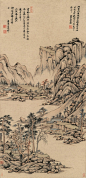王原祁——《平林秋光》【云林大痴平淡天真，全以气韵为主，设色亦在着意不着意间，识者自审之。戊寅春日拟】山水 立轴欣赏 | 
清|王原祁(1642-1715)字茂京号麓台,又号石师道人、西庐后人，王时敏之孙。擅山水，承家法学元四家，以黄公望为宗。与王时敏、王鉴、王翚并称为“四王”，为娄东画派之正统派中坚人物。加上吴历、恽寿平合称“清初六家”或“四王吴恽”。
