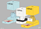 This may contain: three boxes that have different types of items in them, one is yellow and the other blue