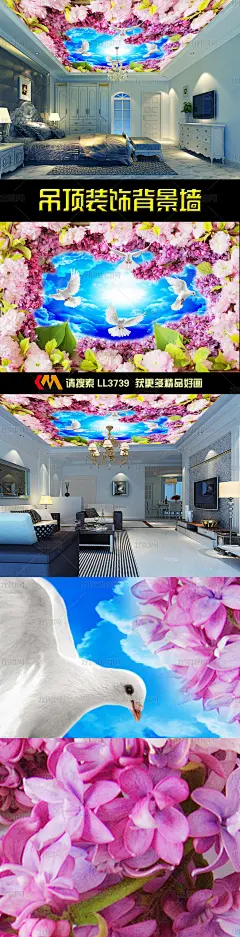 唯美3D天空白鸽鲜花天顶吊顶装饰画