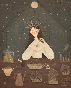 住在梦幻森林里的少女，复古插画，August Ro作品