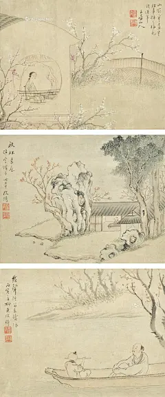改琦——人物册页【山家寒尽无余事，插了梅花便过年】【秋林书屋。停云馆有此本】【数声渔笛在沧浪。丙寅二月】三帧欣赏 | 
清|改琦(1773-1828)字伯韫号香白、七芗、玉壶山人、百蕴生、改伯、横泖渔父等。工仕女人物佛像花鸟兰竹。宗法华喦，喜用兰叶描，仕女衣纹细秀，树石背景简逸，造型纤细，敷色清雅，创立了仕女画新体格，时人称&quot;改派&quot;。