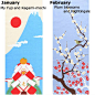 Japanese tenugui cloths:jan/feb designs.   January : New year Sunrise with Mount Fuji and Kagami-mochi.    February : Nightingale and plum blossom.: 