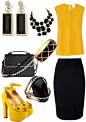 Black Pencil Skirt, Canary Yellow Blouse, Black and Gold Accessories