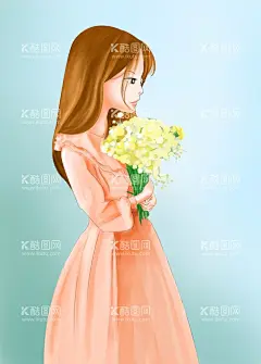 捧献花的女孩  - 源文件下载【酷图网】捧花,女孩,人物,手绘,连衣裙,长发,害羞,美丽,鲜花,