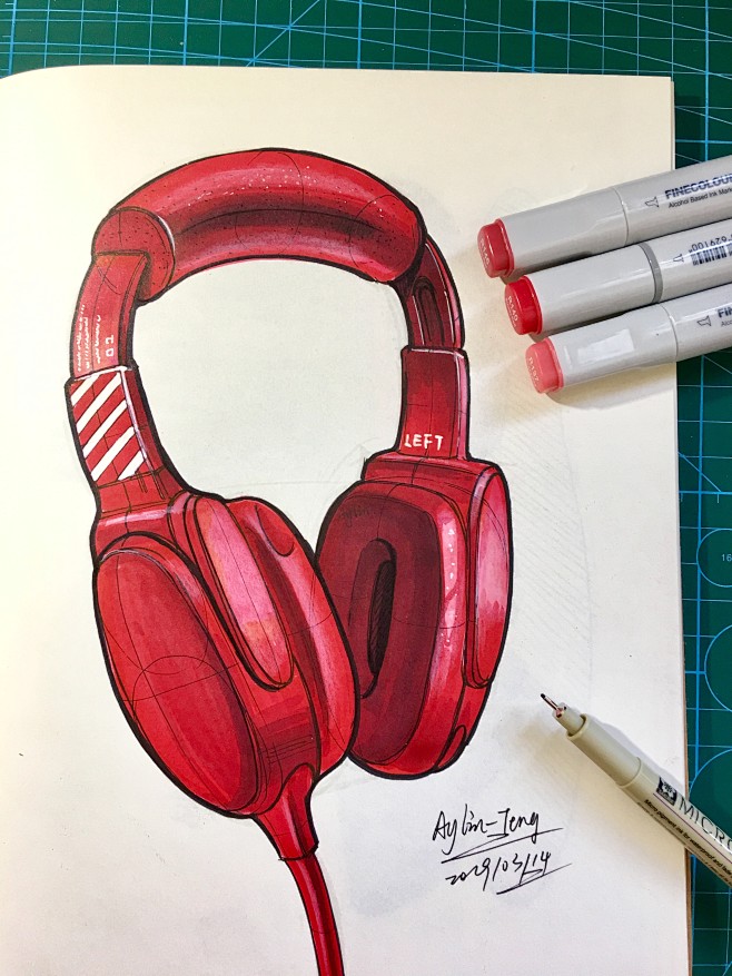 红色耳机设计效果图产品设计手绘产品设计草图工业设计手绘工业设计