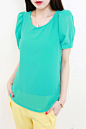 2013夏装新品 时尚韩版纯色圆领垫肩宽松套头 泡泡袖雪纺衫