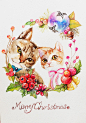圣诞快乐！~~-vuvuni_水彩,猫咪,狗狗,动物,插画,手绘_涂鸦王国插画