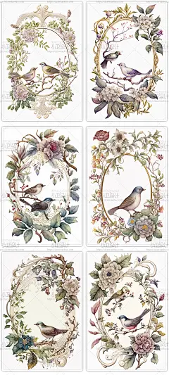 54精美手绘水彩花鸟框架竖版插画插图ai矢量平面设计素材绿植图案-淘宝网