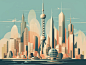 上海地标东方明珠外滩复古插画扁平城市剪影背景图
