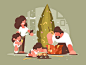 Parents wif children open Christmas presents near festive xmas tree. Vector illustration     Vector files, fully editable.