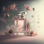 A small pink perfume bottle falls into flowers, splash, still life, soft light