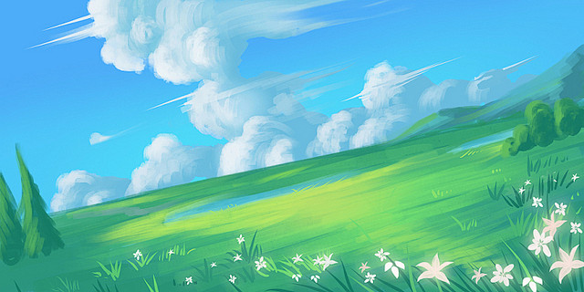春天唯美天空蓝天白云草地手绘风景插画海报...