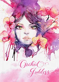兰花女神-贺卡模板与水彩美丽的女人和粉红色的兰花花。优雅的布局, 时尚的插图和邮件的生日, 假期, 