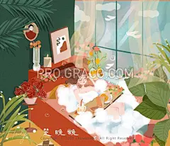 少女泡澡室内落地窗泡泡浴场景插画_作品出售
