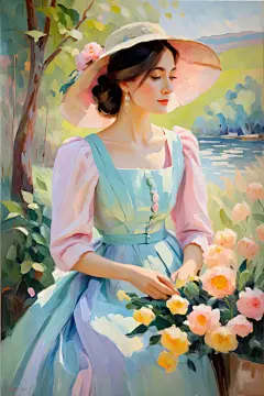 公园艺术裙子女人油画图片插画
