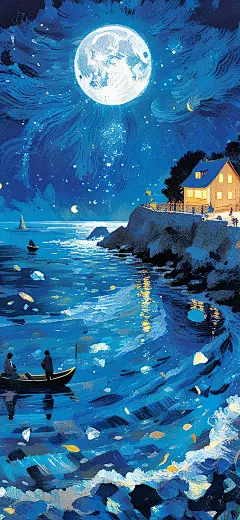 油画风海边夜景插画壁纸