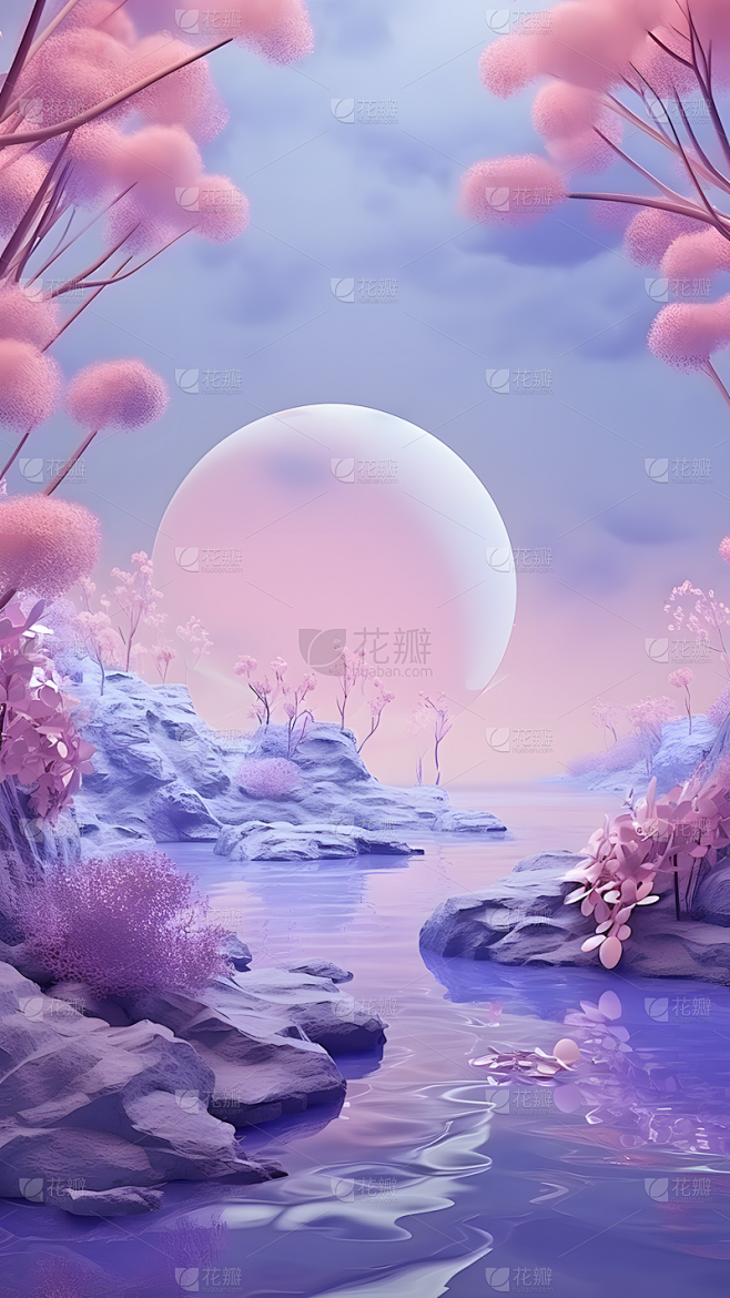 情人节浪漫感3D立体C4D紫色实景电商展...
