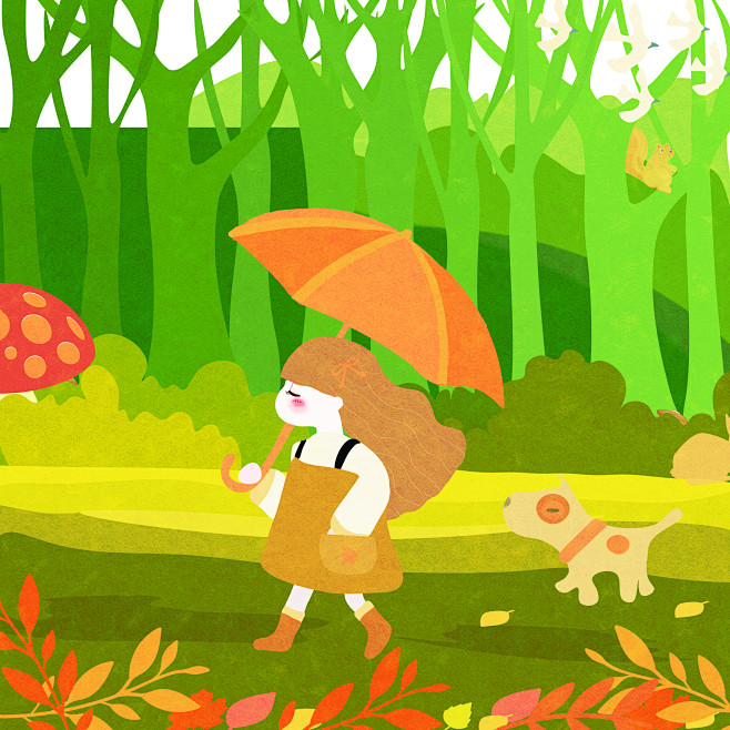 小女孩森林散步 手绘场景插画