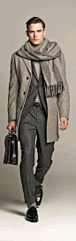 Shades of Grey, Wool Overcoat, Suit, and Black Leather Briefcase, by Hackett. Men's Fall Winter Fashion.: #欧美# #欧美风# #欧美街拍# #欧美头像# #欧美模特# #英伦# #英伦风# #大叔控# #型男# 