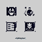 This may contain: four different types of stickers that are on the side of a gray background with black and