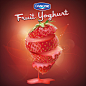 Packaging design : Danone launched a new variant of yoghurt, which was very rich in fruit content. A surreal treatment is done where fruit is sliced and yoghurt is dripping out of it.