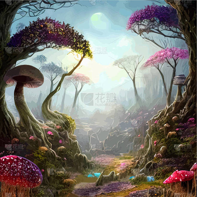 超现实的蘑菇景观，幻想仙境景观与蘑菇月亮。矢量图解。魔法森林里的梦幻蘑菇书的封面插图。神奇的自然景观