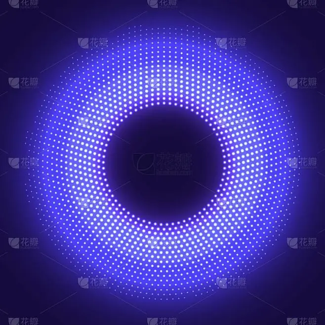 圆框周围的霓虹灯发光点。圆形蓝色灯光的矢量半色调点。发光粒子的抽象几何技术背景-花瓣网
