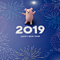 超酷2019星空烟花新年快乐猪猪侠和兔子高清素材