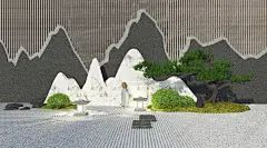 新中式松树假山石头小品禅意庭院景观庭院小品SU模型【ID:743991489】_知末su模型网