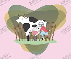 奶牛插画素材 【酷图网】奶牛吃,挤牛奶插画,农场,牧场,草原插画,有机牛奶