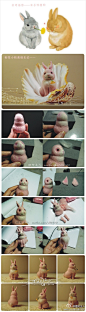 衔花小粉兔~~~做兔子脸时最嗨了，做着做着脸就萌了起来[lt喷血]，可是做身体实在很痛苦...特别是耳朵[lt灰飞烟灭]...另外兔子身体做得稍微壮了点[lt吓]。附上过程图——参考插图来自@堆糖网，作者不明，知情者请告知。@茜茜-羊毛毡戳戳乐 @手工频道 @森女手工小生活