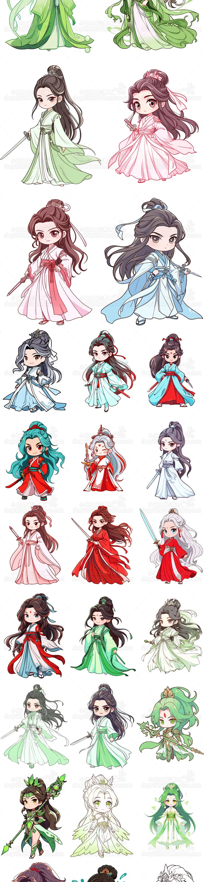 ai古风q版卡通人物插画素材 png透明免抠 临摹图片 游戏角色设定