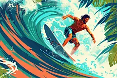 扁平风冲浪夏天简约插画