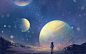 星地球空唯美梦幻蓝色系星空星球太空宇航员太空人原创插画素材星空星空太空人