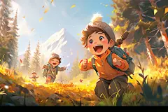 晴天探险春游假期研学旅游儿童露营插画图片