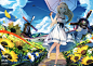 Anime 2000x1414 windmills aircraft sunflowers original characters dress umbrella clouds