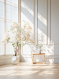 An empty window with plants and blinds, in the style of light white and white, streamline elegance, jazzy interiors, japanese minimalism, bright and bold color palette, ethereal trees, light and airy