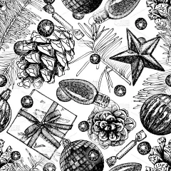 无缝的圣诞图案。手绘黑白节日元素在无尽的瓷砖。向量。