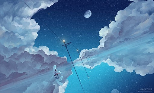 美轮美奂星空星河的唯美二次元场景插画图