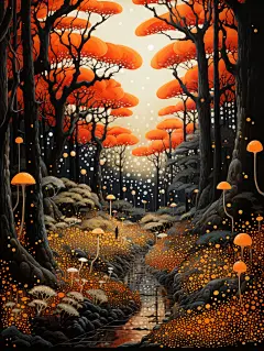 富有想象力的奇幻风景插画海报金黄色蘑菇