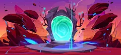 免费矢量幻想游戏景观与魔法门户卡通背景门内巨石旅行到宇宙外星世界梦幻般的岩石门与光环发光和飞石角色扮演沙漠与蓝洞