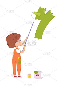 幼儿园里的男孩用滚轴把墙壁涂成绿色。孩子做创造性的艺术在学校矢量插图。小快乐的孩子画，罐头在地板上孤
