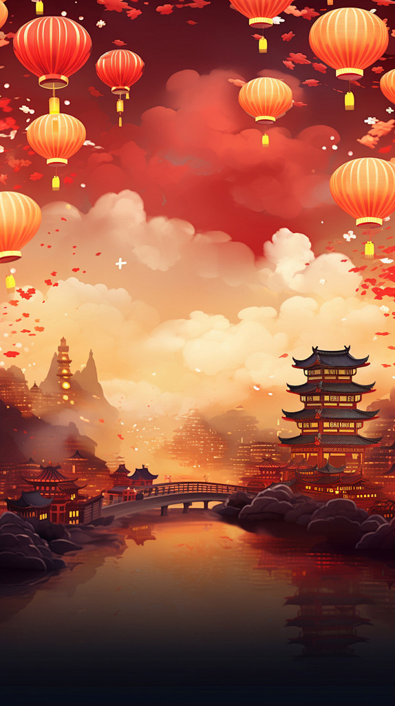 古风建筑灯笼建筑背景新年背景素材图片