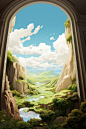 an illustration of a window with a 3d view, in the style of dream-like landscapes, storybook-esque, cloudcore, green and beige, illusionistic ceiling frescoes, dreamlike scenarios, surreal scenarios