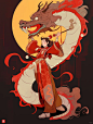 chinese dragon on red background with a woman holding a sword, in the style of mid-century illustration, traditional vietnamese, digital illustration, aurorapunk, colorful muralist, masculine, exaggerated anatomy --ar 3:4