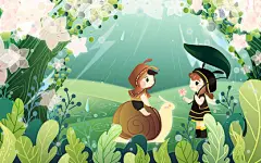 绿色植物十二节气惊蛰春雨卡通桃花蜗牛小动物儿童矢量插画惊蛰节气春天春分