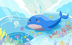 世界海洋日卡通插画大海蓝色鲸鱼海报psd